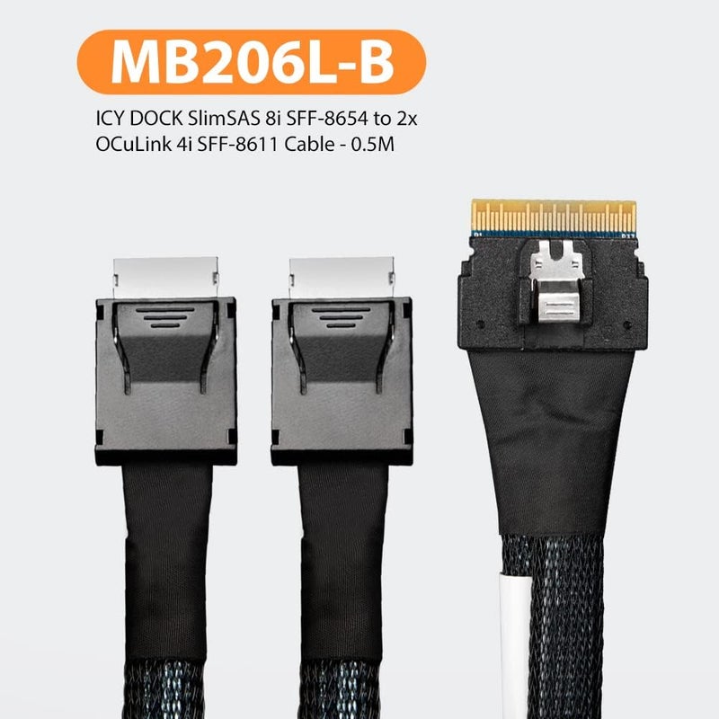 Icy Dock كابل SlimSAS 8i SFF-8654 إلى 2X OCuLink 4i SFF-8611 - 0.5 متر - Image 2
